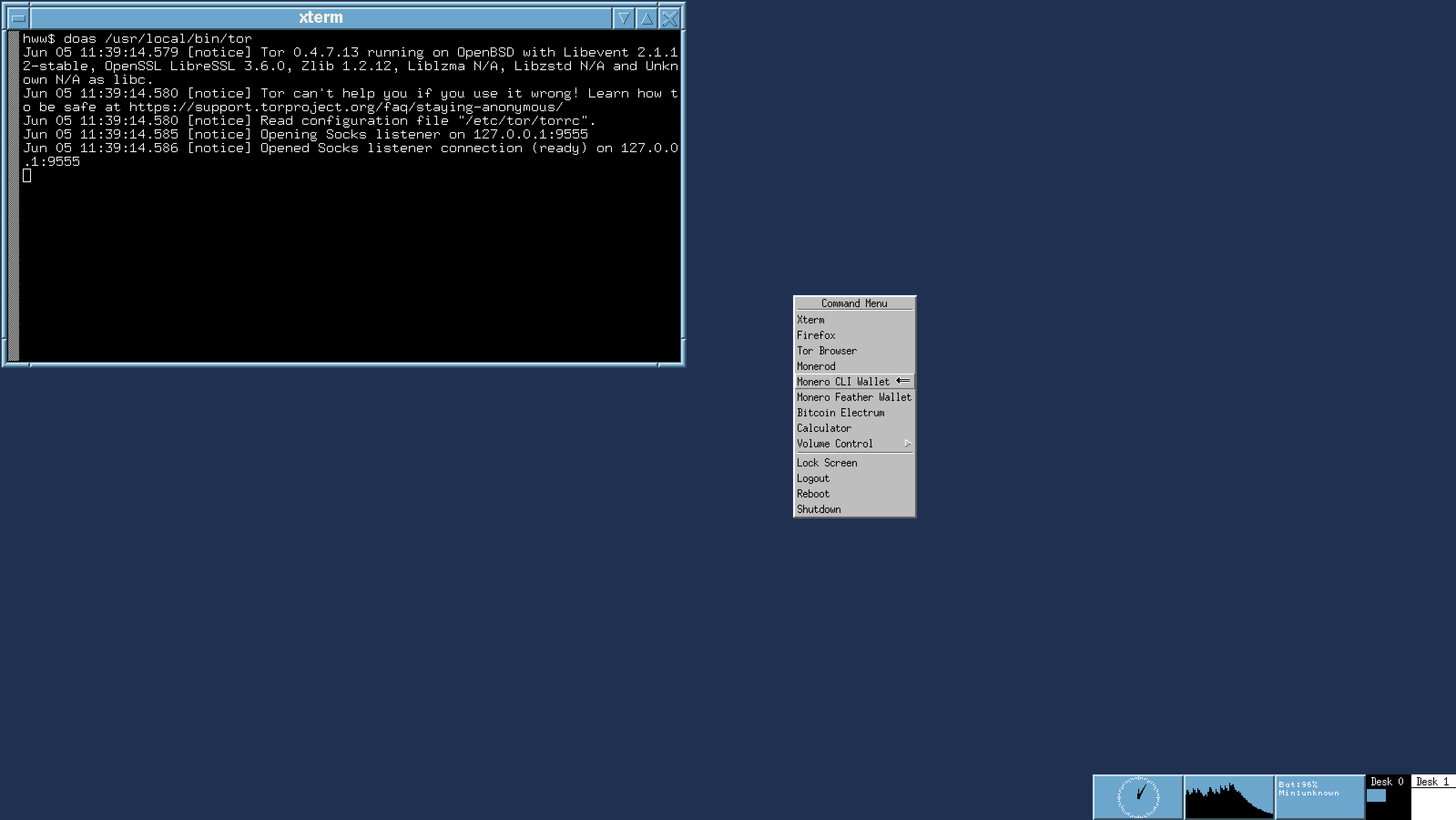 OpenHWW: OpenBSD fvwm desktop. Right-click the screen by mouse to see a context menu like in Windows OS