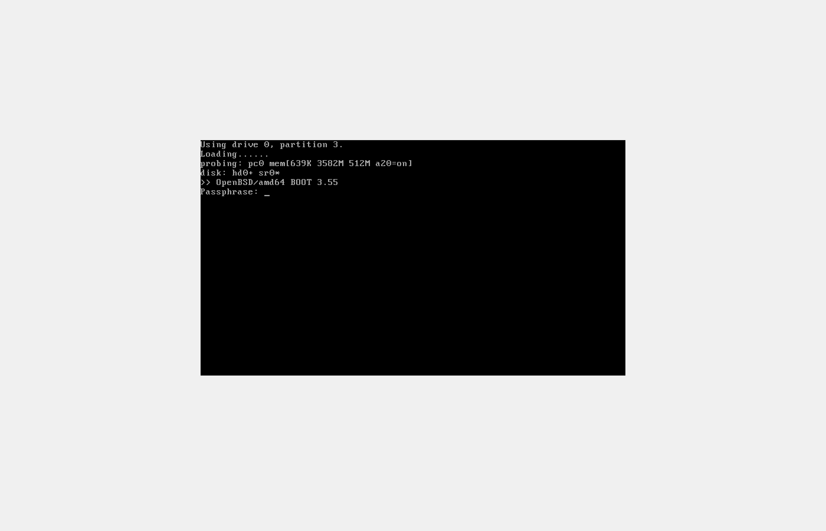 OpenHWW: OpenBSD boot. Type your passphrase for a SOFTRAID encrypted disk